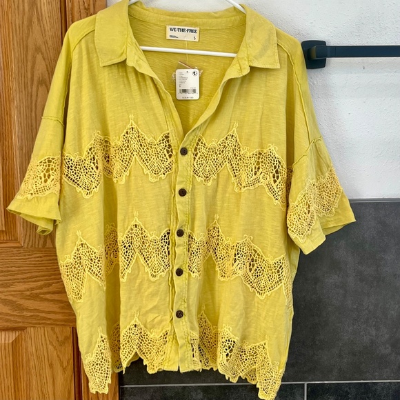 NWT Free People We The Free Luca Button Down Shirt Lace Small Citronelle Yellow - Picture 4 of 12
